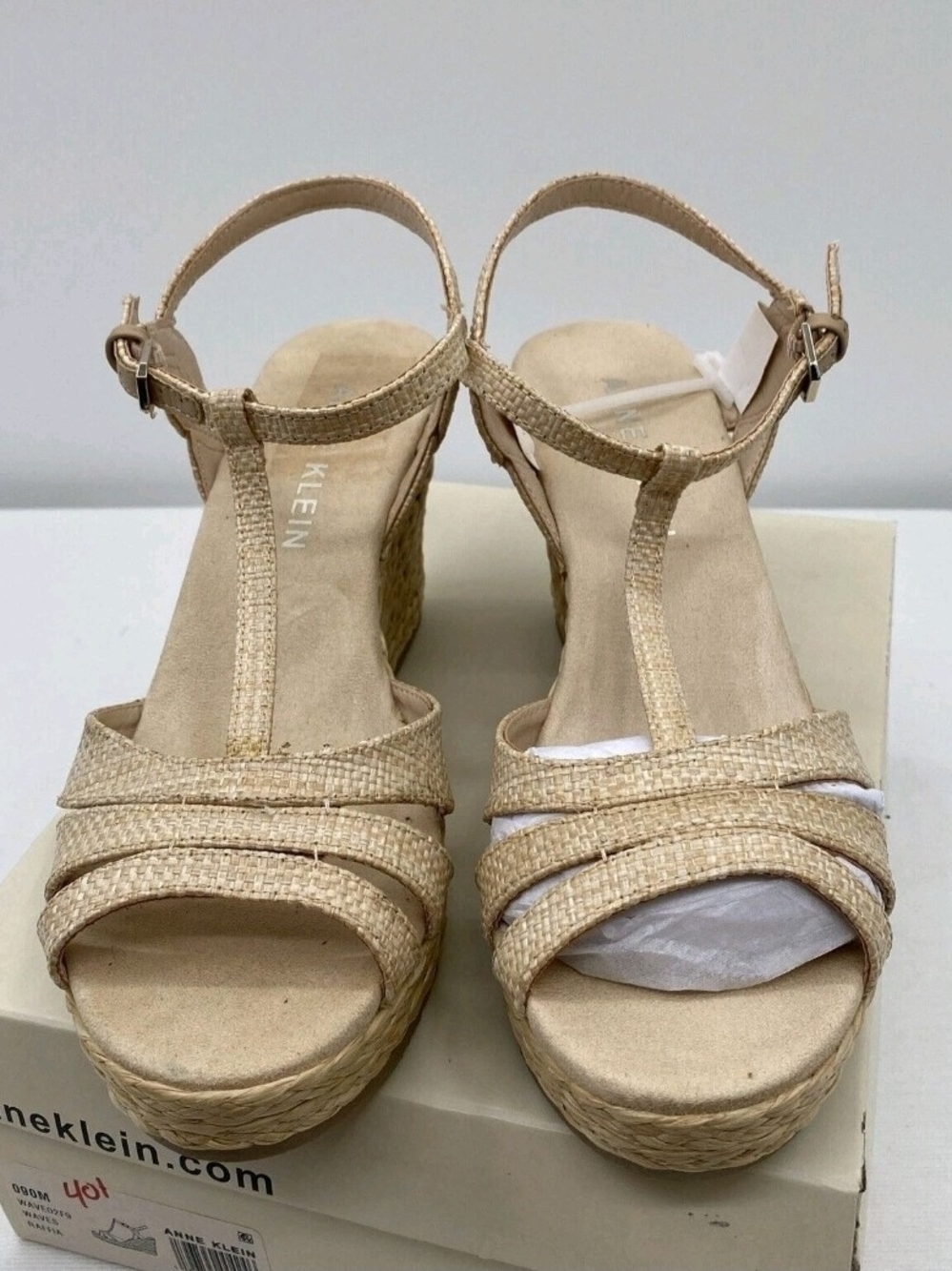 Anne Klein Womens Waves Beige Raffia Wedge Sandals 9 Medium (B,M)